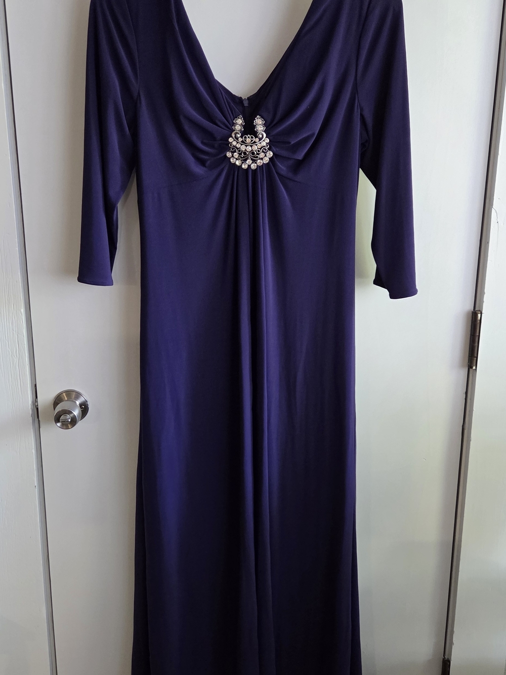 Long Sleeve V-Neck Purple Maxi Dress with Center Jewel Accent